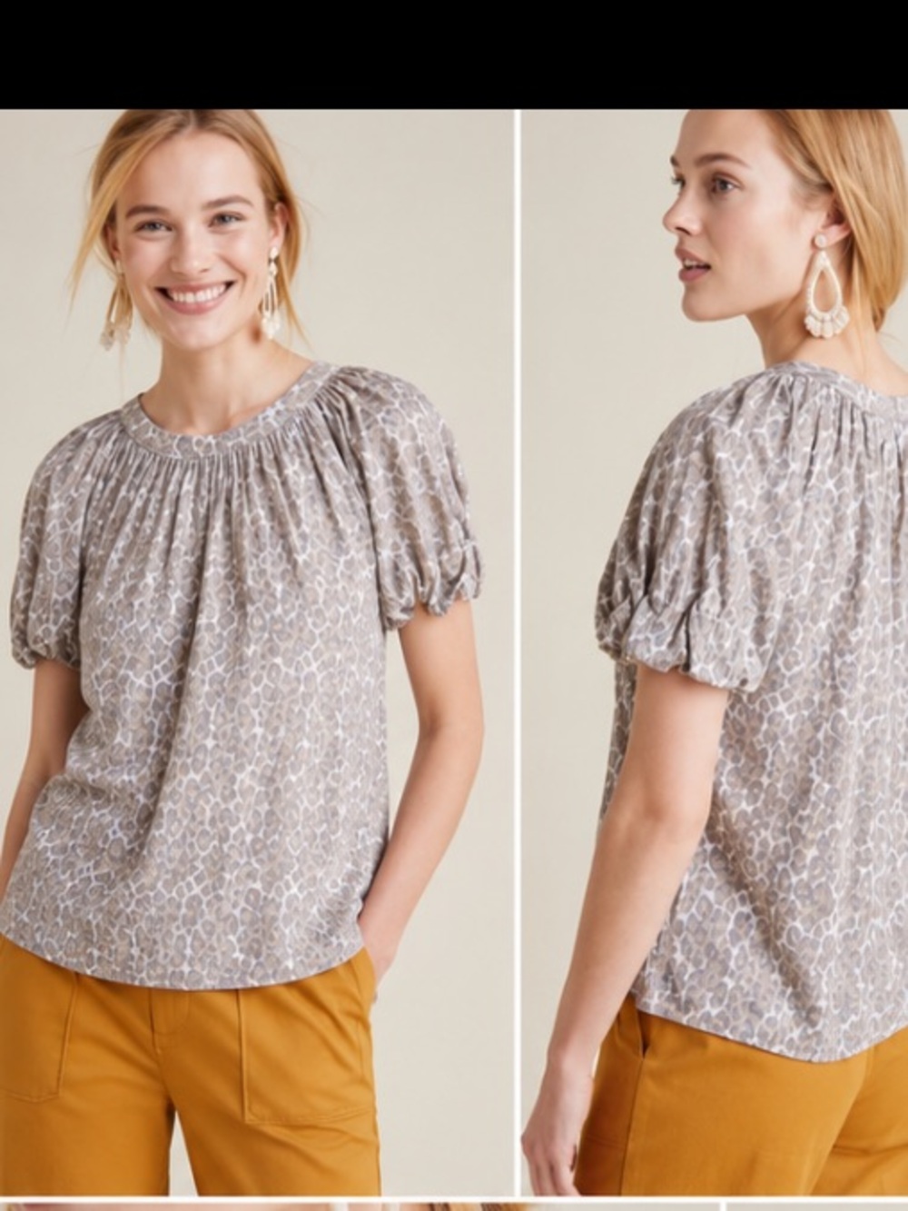 Anthropologie Maeve Linen Puff Sleeve Leopard Top